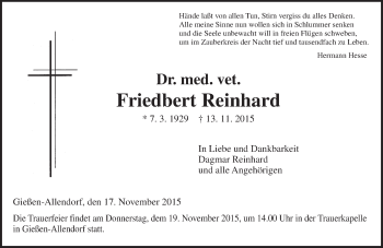 Traueranzeige von Friedbert Reinhard von  Gießener Anzeiger