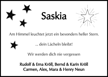 Traueranzeige von Saskia Schnarr von  Kreisanzeiger