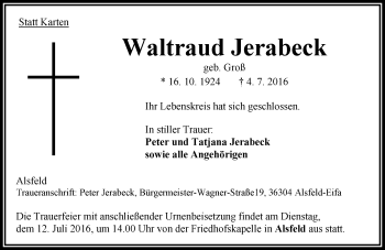 Traueranzeige von Waltraud Jerabeck von VRM Trauer