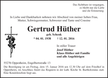 Traueranzeige von Gertrud Hüther von  Landskrone