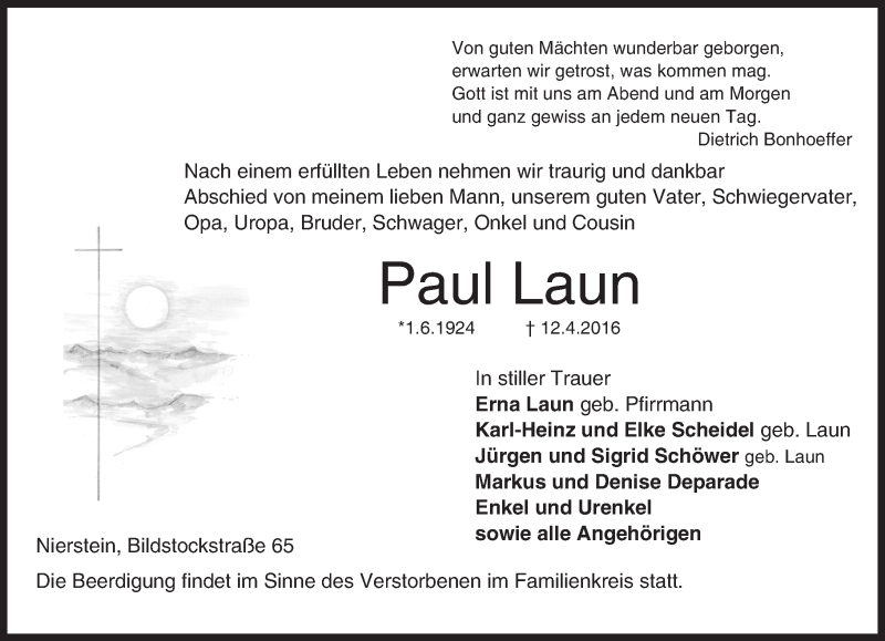  Traueranzeige für Paul Laun vom 15.04.2016 aus  Landskrone