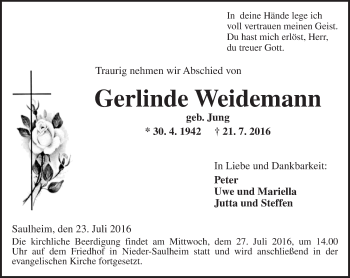 Traueranzeige von Gerlinde Weidemann von Trauerportal Rhein Main Presse