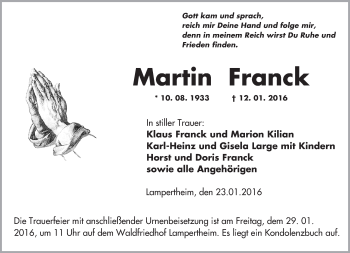 Traueranzeige von Martin Franck von  Bürstädter Zeitung