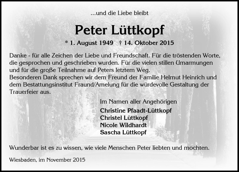  Traueranzeige für Peter Lüttkopf vom 14.11.2015 aus  Wiesbaden komplett
