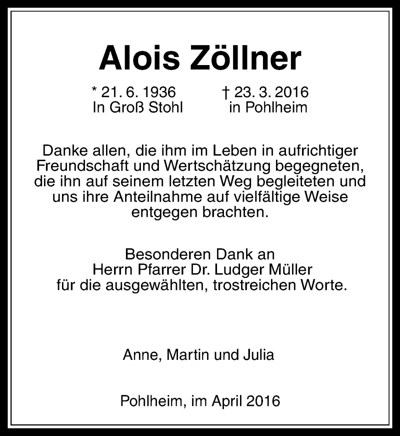  Traueranzeige für Alois Zöllner vom 23.04.2016 aus  Gießener Anzeiger