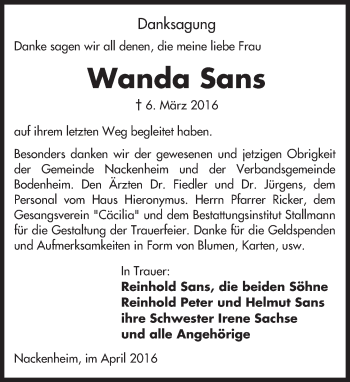 Traueranzeige von Wanda Sans von  Landskrone