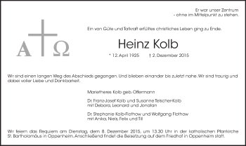 Traueranzeige von Heinz Kolb von  Landskrone