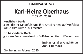 Traueranzeige von Karl-Heinz Oberhaus von  Landskrone