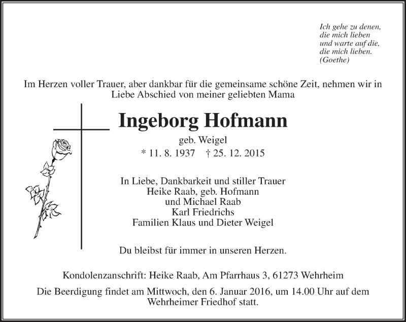 Traueranzeige für Ingeborg Hofmann vom 31.12.2015 aus  Gießener Anzeiger