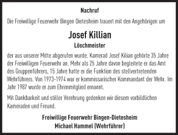 Traueranzeige von Josef Killian von  Allgemeine  Zeitung Ingelheim-Bingen