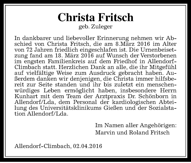  Traueranzeige für Christa Fritsch vom 02.04.2016 aus  Gießener Anzeiger