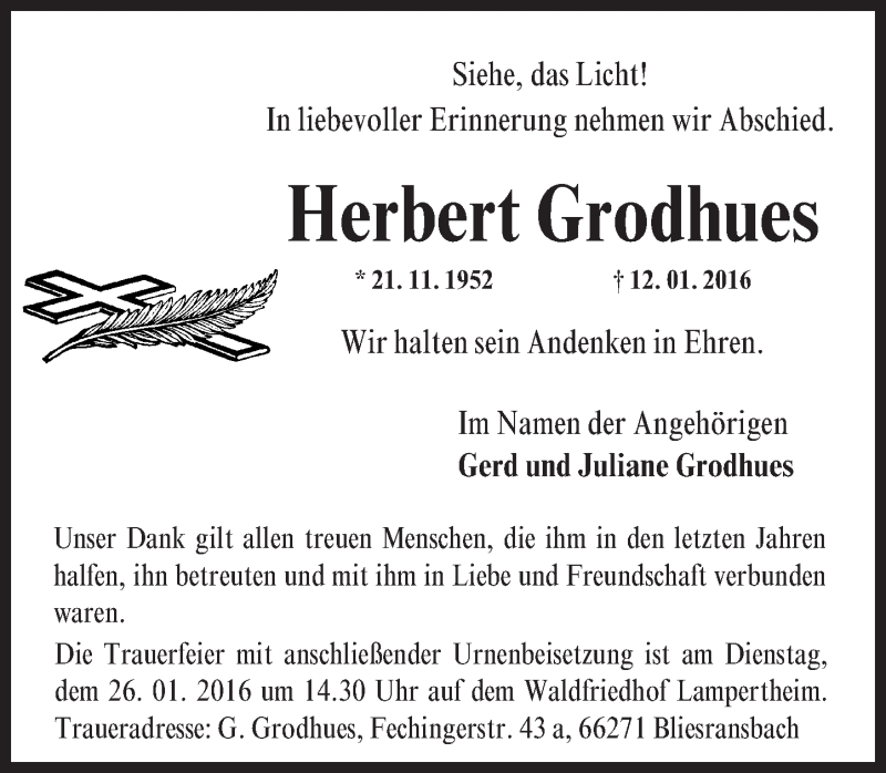  Traueranzeige für Herbert Grodhues vom 23.01.2016 aus  Bürstädter Zeitung