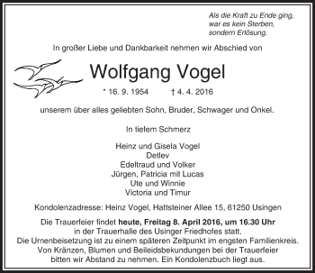 Traueranzeige von Wolfgang Vogel von  Usinger Anzeiger