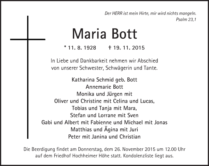  Traueranzeige für Maria Bott vom 24.11.2015 aus  Wormser Zeitung