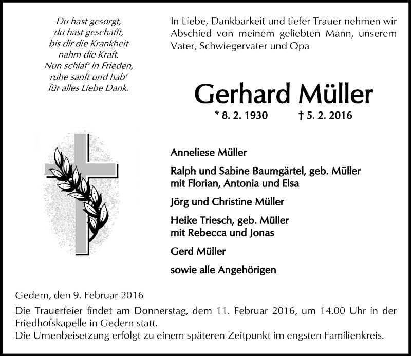  Traueranzeige für Gerhard Müller vom 09.02.2016 aus  Kreisanzeiger