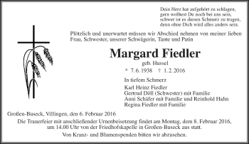 Traueranzeige von Margard Fiedler von  Gießener Anzeiger