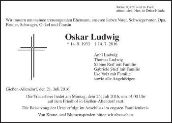 Traueranzeige von Oskar Ludwig von  Gießener Anzeiger