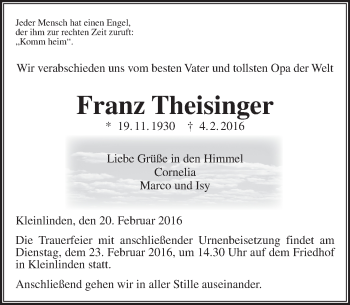 Traueranzeige von Franz Theisinger von  Gießener Anzeiger