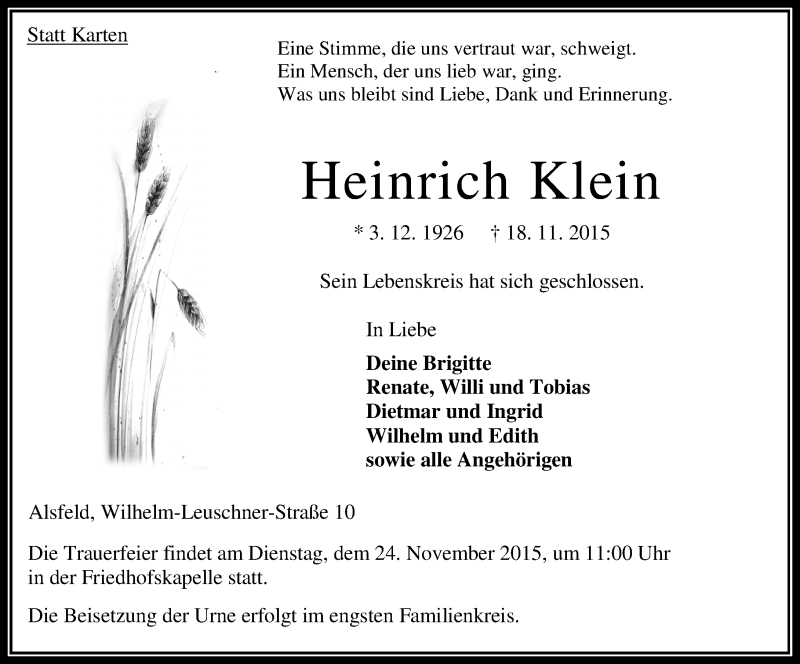  Traueranzeige für Heinrich Klein vom 21.11.2015 aus VRM Trauer