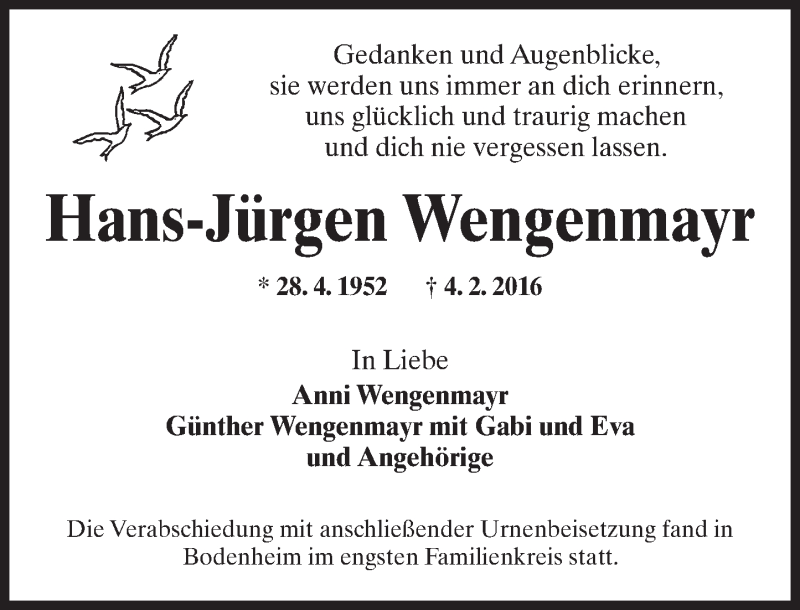  Traueranzeige für Hans-Jürgen Wengenmayr vom 18.02.2016 aus  Wiesbaden komplett
