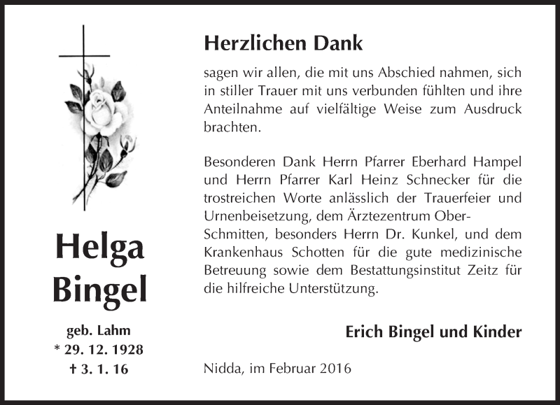 Traueranzeige für Helga Bingel vom 06.02.2016 aus  Sonntags Anzeiger