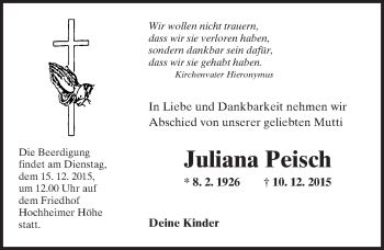 Traueranzeige von Juliana Peisch von  Wormser Zeitung