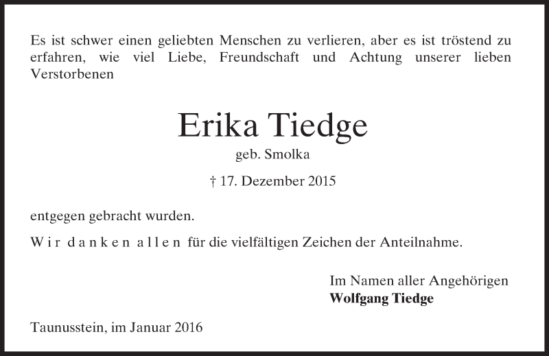  Traueranzeige für Erika Tiedge vom 16.01.2016 aus  Wiesbaden komplett