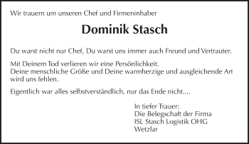 Traueranzeige von Dominik Stasch von  Gießener Anzeiger