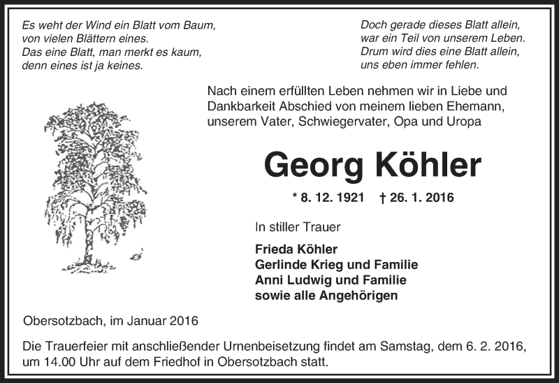  Traueranzeige für Georg Köhler vom 30.01.2016 aus  GT Extra