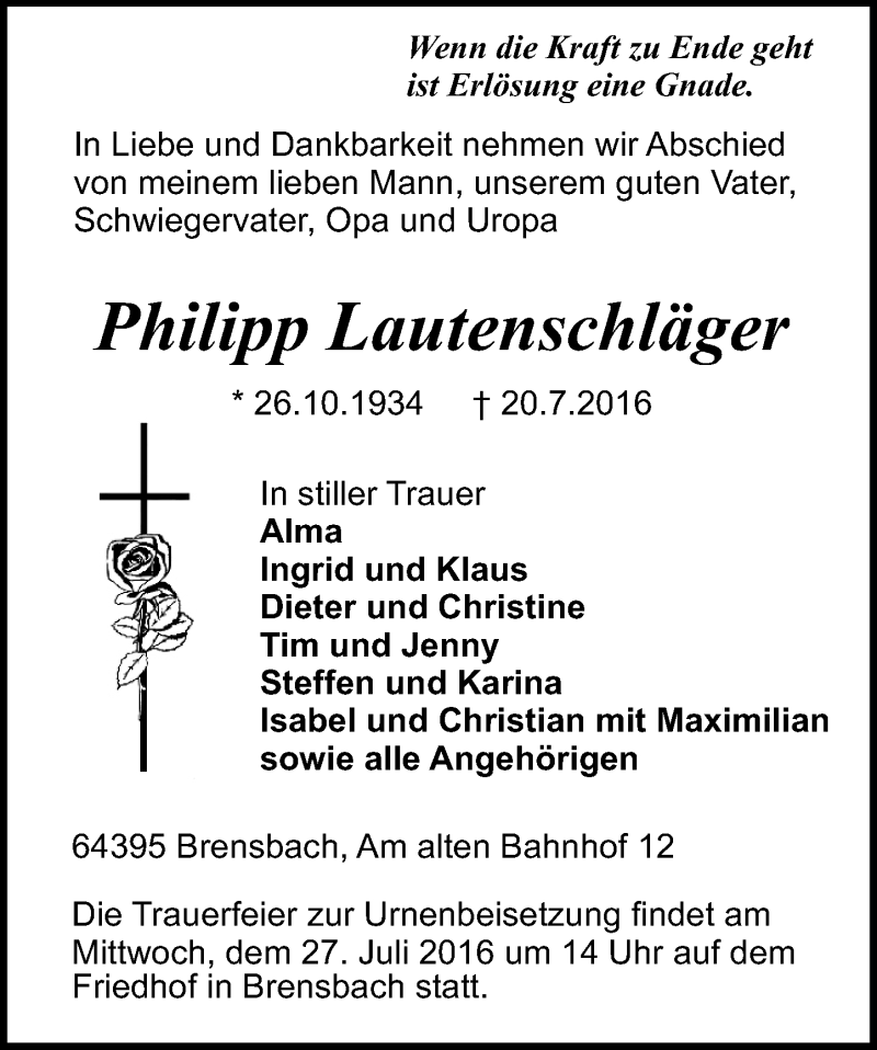  Traueranzeige für Philipp Lautenschläger vom 23.07.2016 aus Trauerportal Echo Online