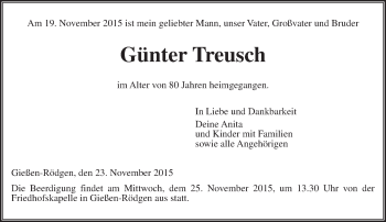Traueranzeige von Günter Treusch von  Gießener Anzeiger