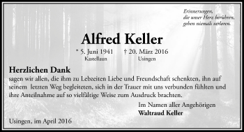 Traueranzeige von Alfred Keller von  Usinger Anzeiger