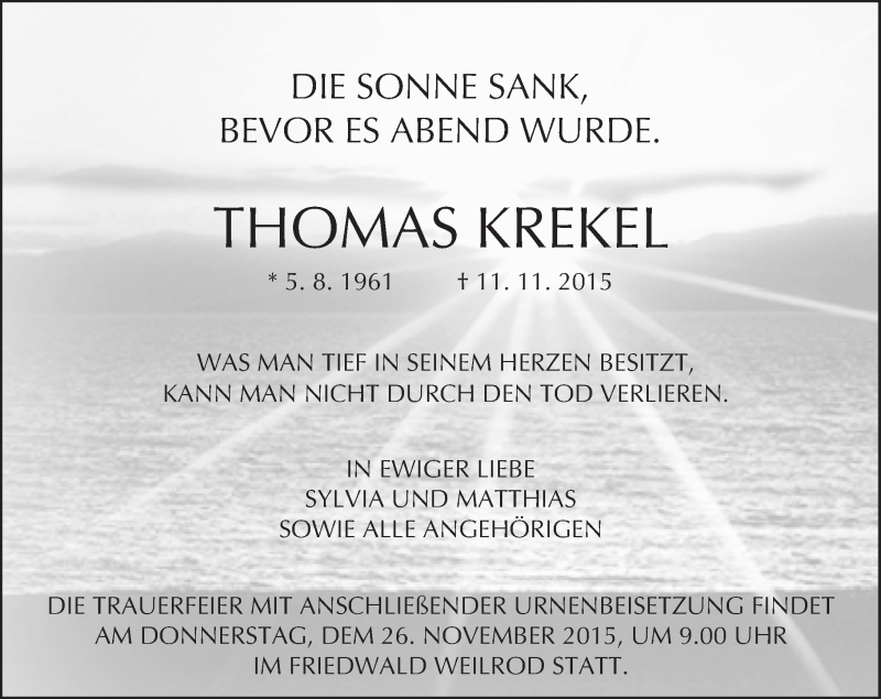  Traueranzeige für Thomas Krekel vom 19.11.2015 aus  Camberger Anzeiger