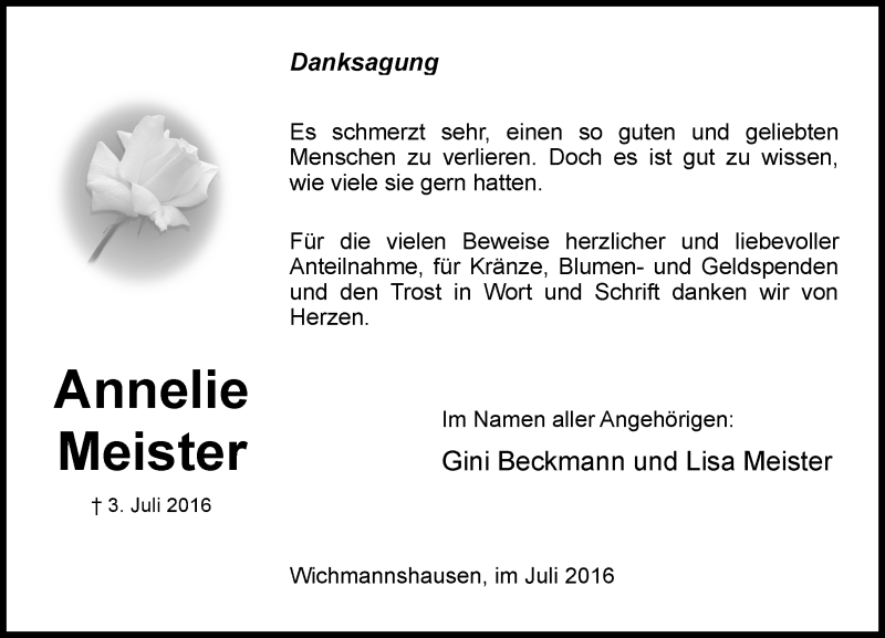  Traueranzeige für Annelie Meister vom 23.07.2016 aus Trauerportal Echo Online