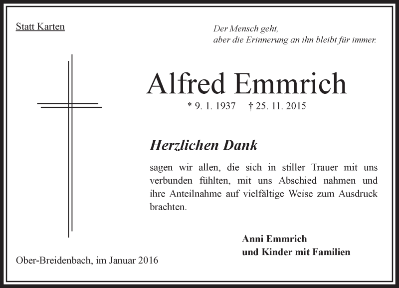  Traueranzeige für Alfred Emmrich vom 09.01.2016 aus  OK Oberhessen Kurier