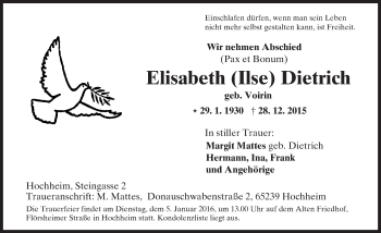 Traueranzeige von Elisabeth Dietrich von  Allgemeine Zeitung Mainz