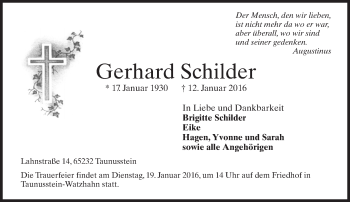 Traueranzeige von Gerhard Schilder von  WK-UTA/Aar-Bote