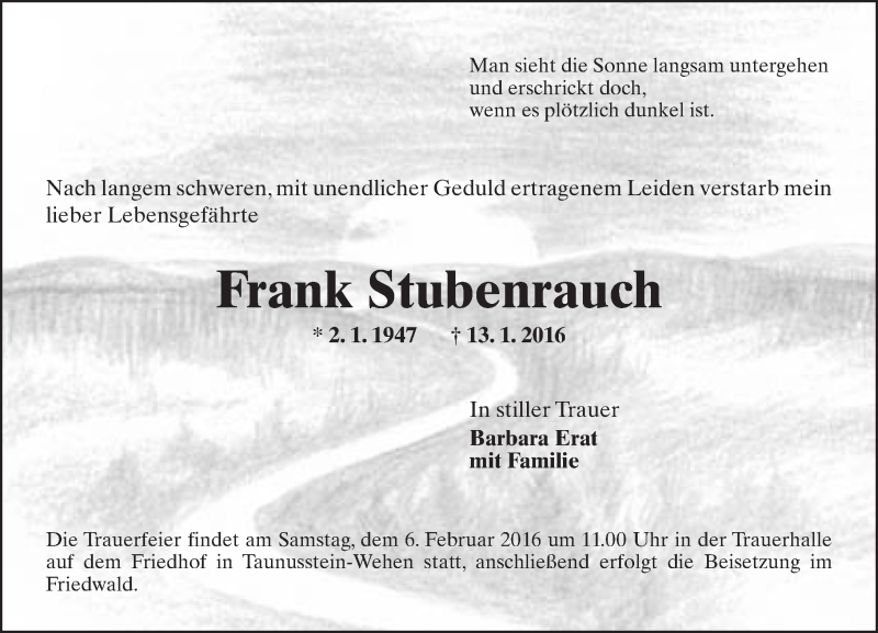  Traueranzeige für Frank Stubenrauch vom 23.01.2016 aus  Wiesbaden komplett