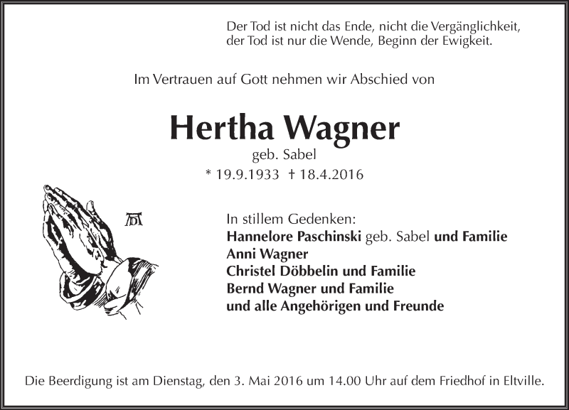  Traueranzeige für Hertha Wagner vom 23.04.2016 aus  Wiesbaden komplett