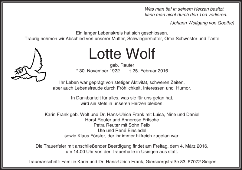  Traueranzeige für Lotte Wolf vom 01.03.2016 aus  Usinger Anzeiger