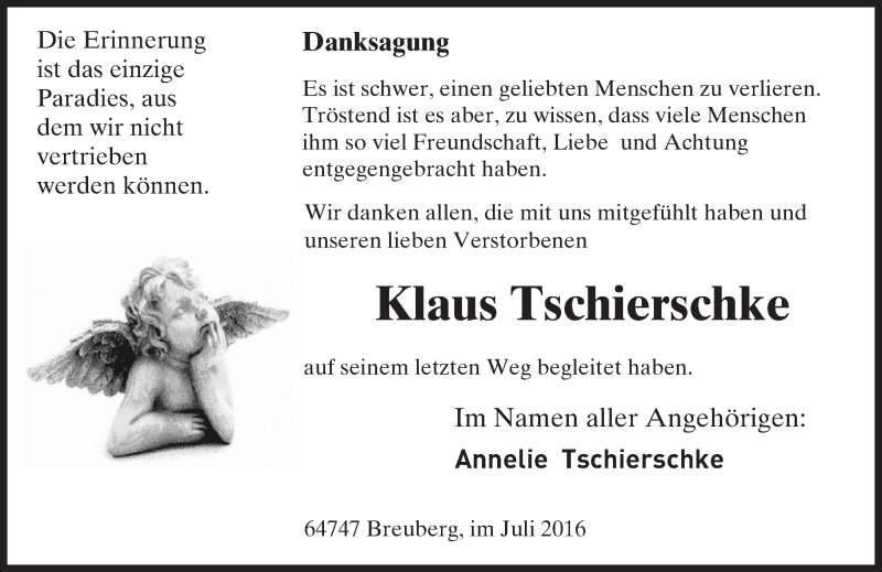  Traueranzeige für Klaus Tschierschke vom 16.07.2016 aus Trauerportal Echo Online