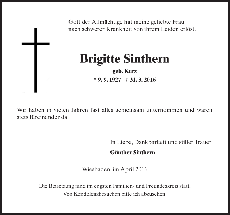  Traueranzeige für Brigitte Sinthern vom 20.04.2016 aus  Wiesbaden komplett