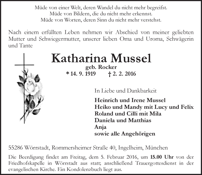  Traueranzeige für Katharina Mussel vom 04.02.2016 aus  Allgemeine Zeitung Alzey
