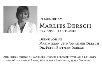 Traueranzeige von Marlies Dersch von  Gießener Anzeiger