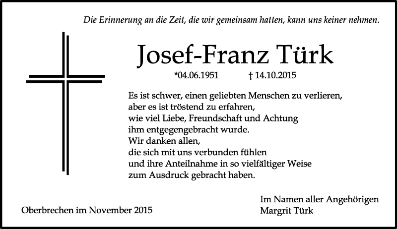 Traueranzeige für Josef-Franz Türk vom 19.11.2015 aus  Camberger Anzeiger