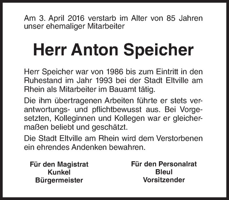 Traueranzeige für Anton Speicher vom 14.04.2016 aus  Rheingau