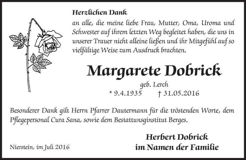  Traueranzeige für Margarete Dobrick vom 22.07.2016 aus Trauerportal Rhein Main Presse