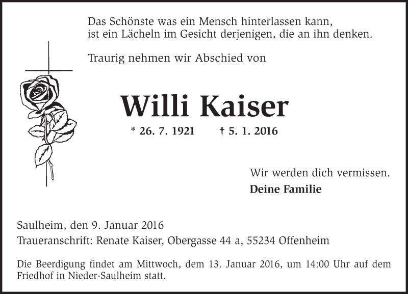  Traueranzeige für Willi Kaiser vom 09.01.2016 aus  Allgemeine Zeitung Alzey