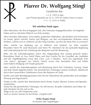 Traueranzeige von Wolfgang Stingl von  Sonntags Anzeiger