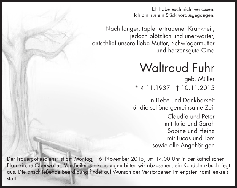  Traueranzeige für Waltraud Fuhr vom 14.11.2015 aus  Wiesbaden komplett